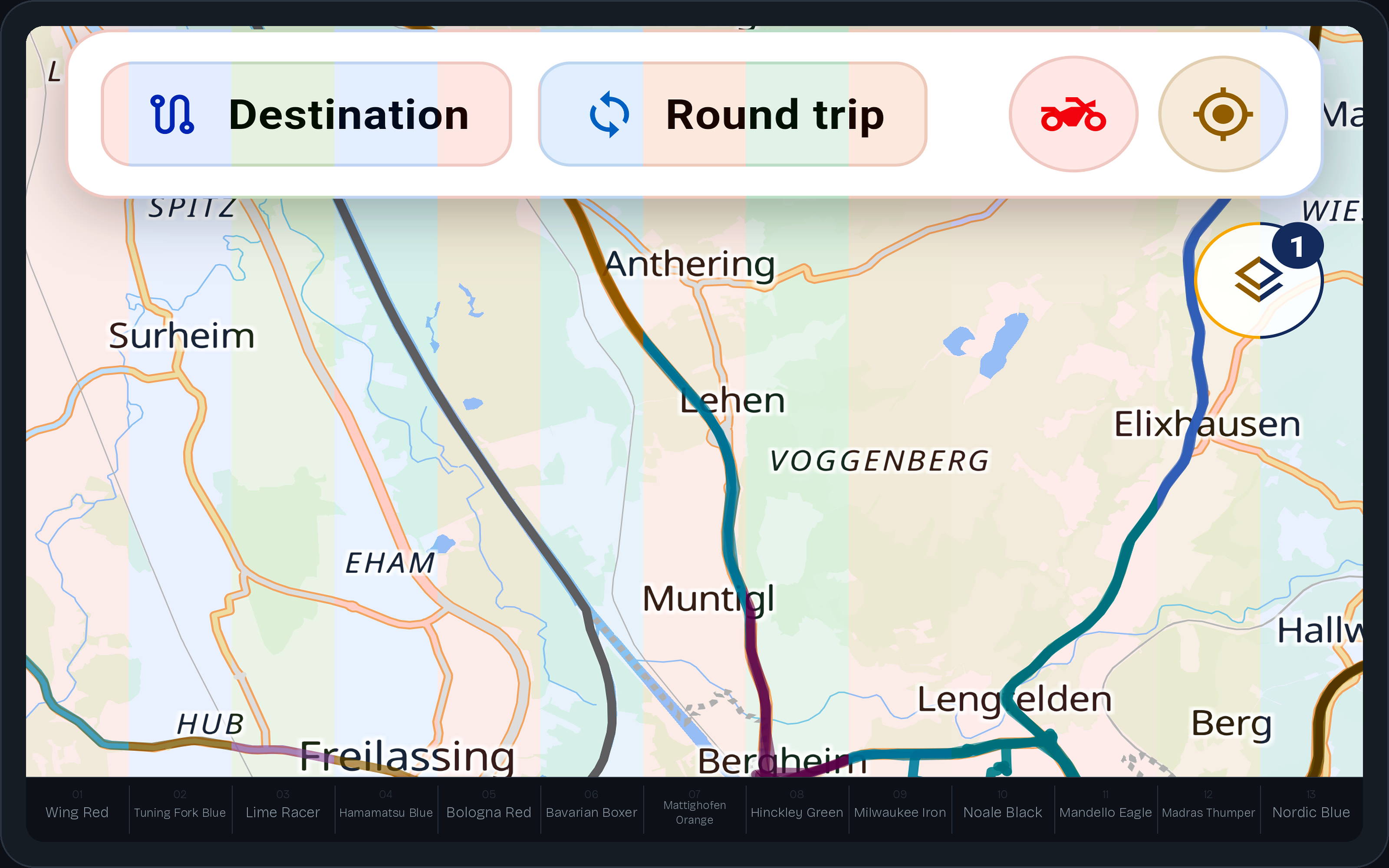 The same map in light mode under each of the thirteen liveries, cut into thirteen vertical slices side by side