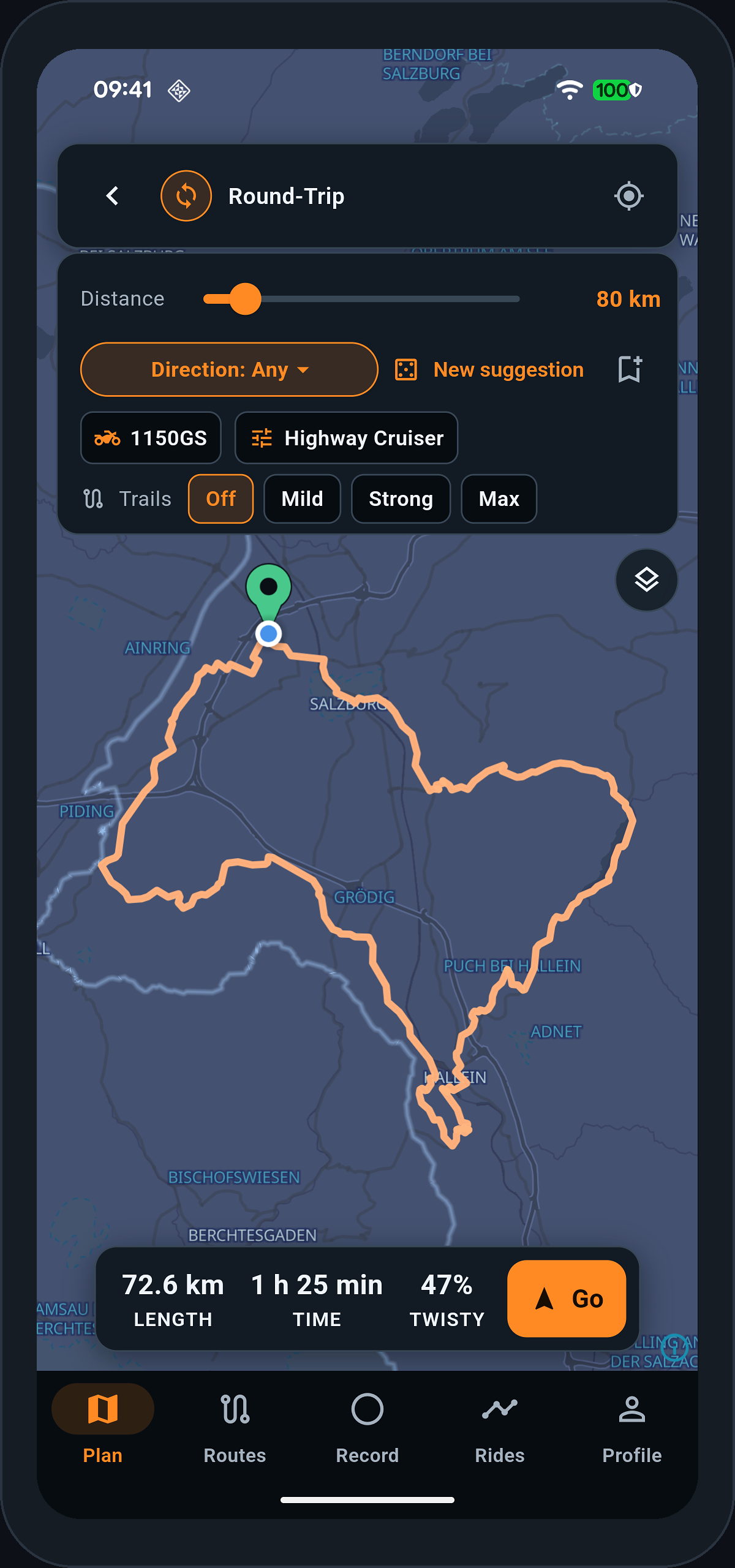 A round trip drawn on the app's map, the first of three areas