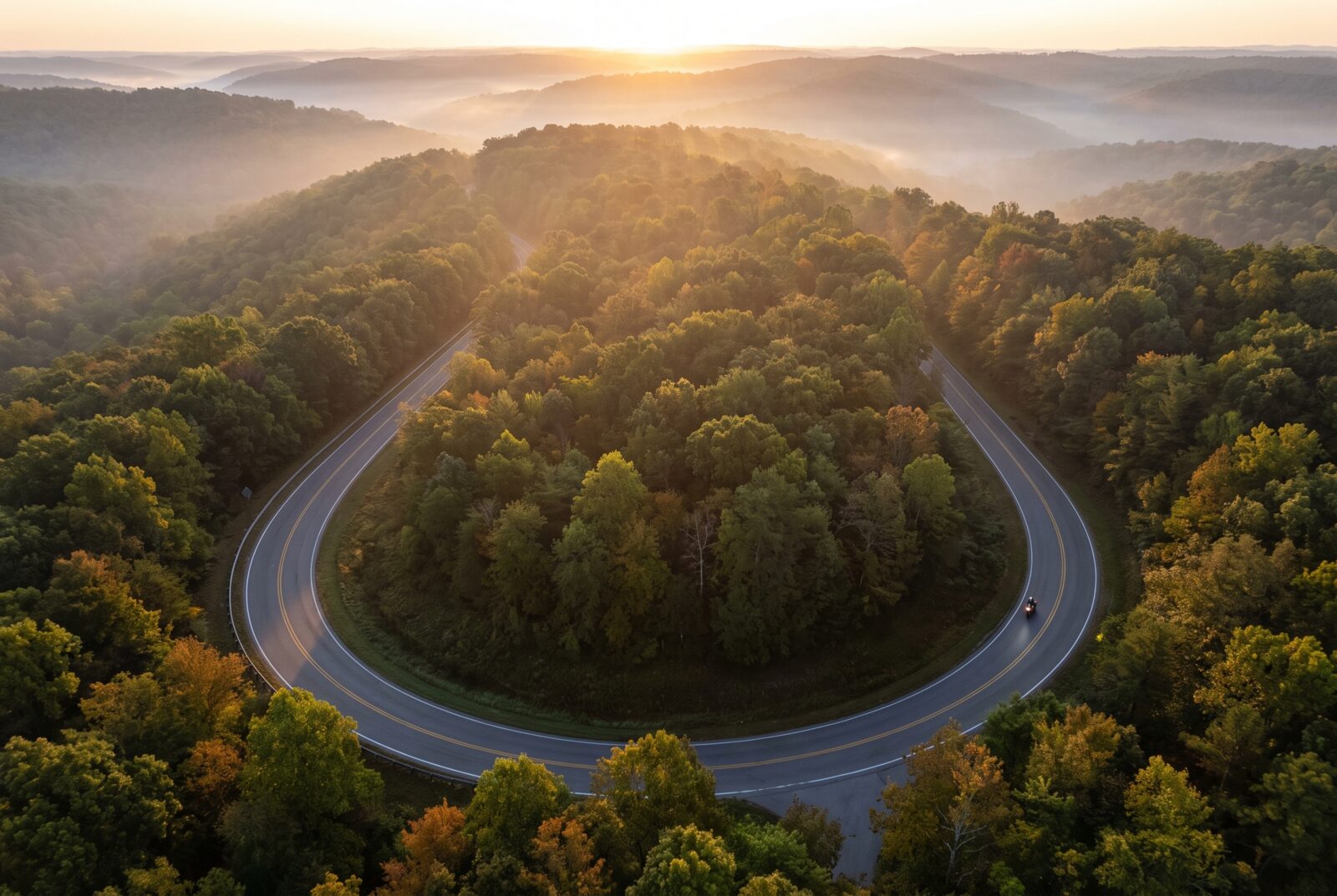 Aerial dawn view of a country road curving in a horseshoe loop through misty forested hills