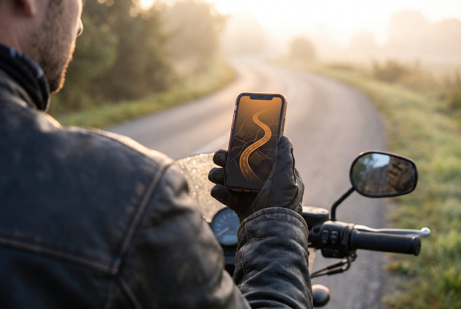 A rider on a parked motorcycle at dawn checks a phone showing a dark map with a glowing orange route