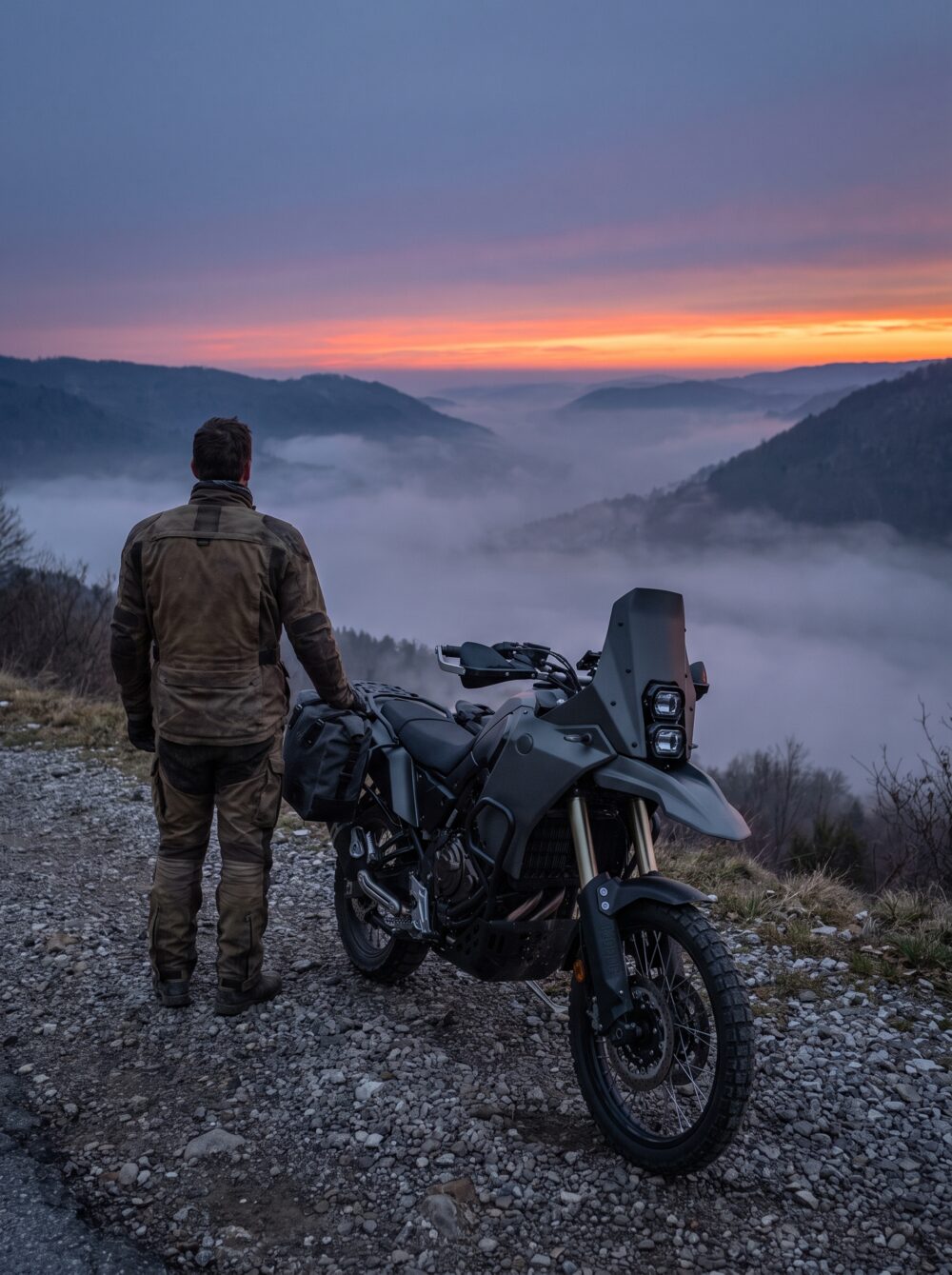 Adventure motorcycle with panniers parked above a vast dusk valley